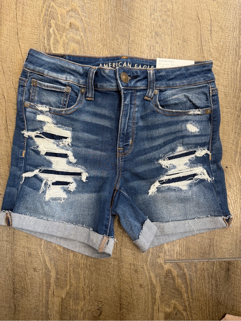 American Eagle Outfitters Distressed Medium Blue Roll-Cuff Jean Shorts